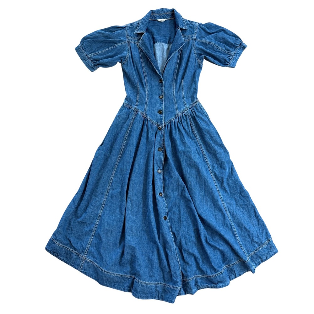 Anthropologie Pilcro Short Sleeve Denim Midi Shirt Dress Puff Sleeve 10 Blue